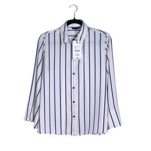ZARA NWT Wide Sleeve Striped Blouse Blue Ivory Button Up Pinstripe Women's S